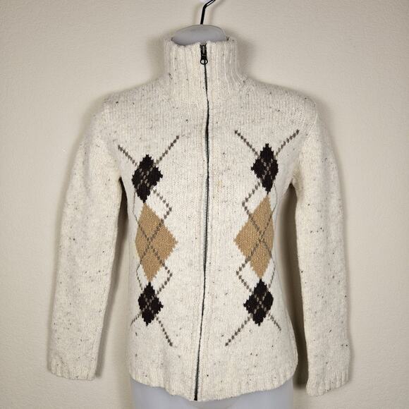 VTG Eddie Bauer Wool Sweater Women Full Zip Up Argyle Knit Beige Y2K Cabin Ski M - Picture 2 of 16